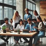 A group of diverse sales professionals collaborating in a co-working space. They are analyzing data on laptops, discussing business growth, and brains (1)